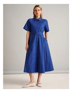 Organic Cotton Blend Short Sleeve Shirt Dress in Cobalt