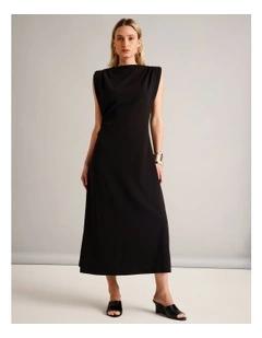 Polyester Blend Gathered Detail Dress With Shoulder Pads in Black