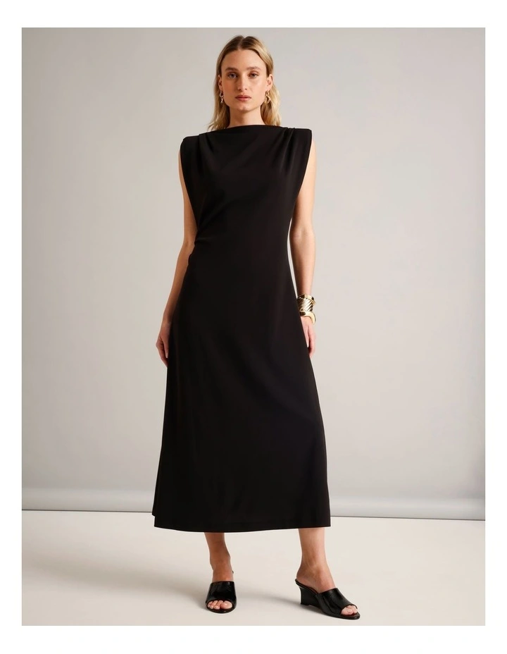 Polyester Blend Gathered Detail Dress With Shoulder Pads in Black image 1