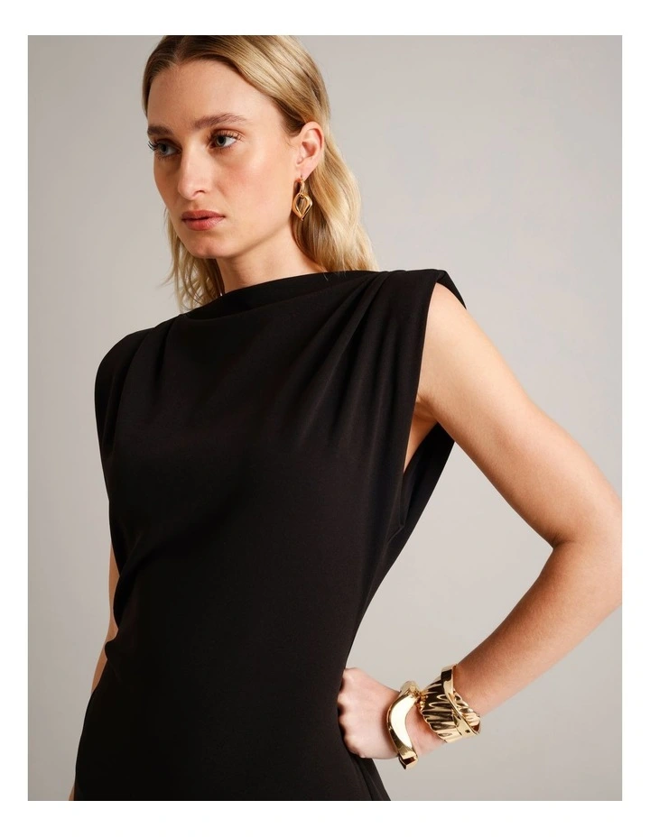 Polyester Blend Gathered Detail Dress With Shoulder Pads in Black image 2