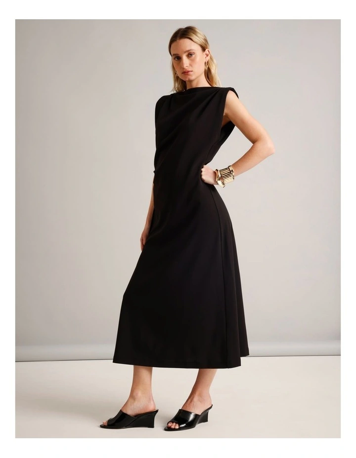 Polyester Blend Gathered Detail Dress With Shoulder Pads in Black image 3