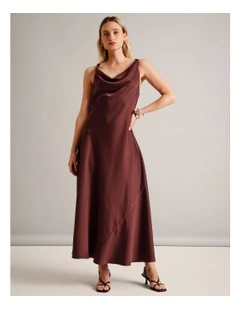 Twist Strap Satin Asymmetrical Hem Dress in Wine