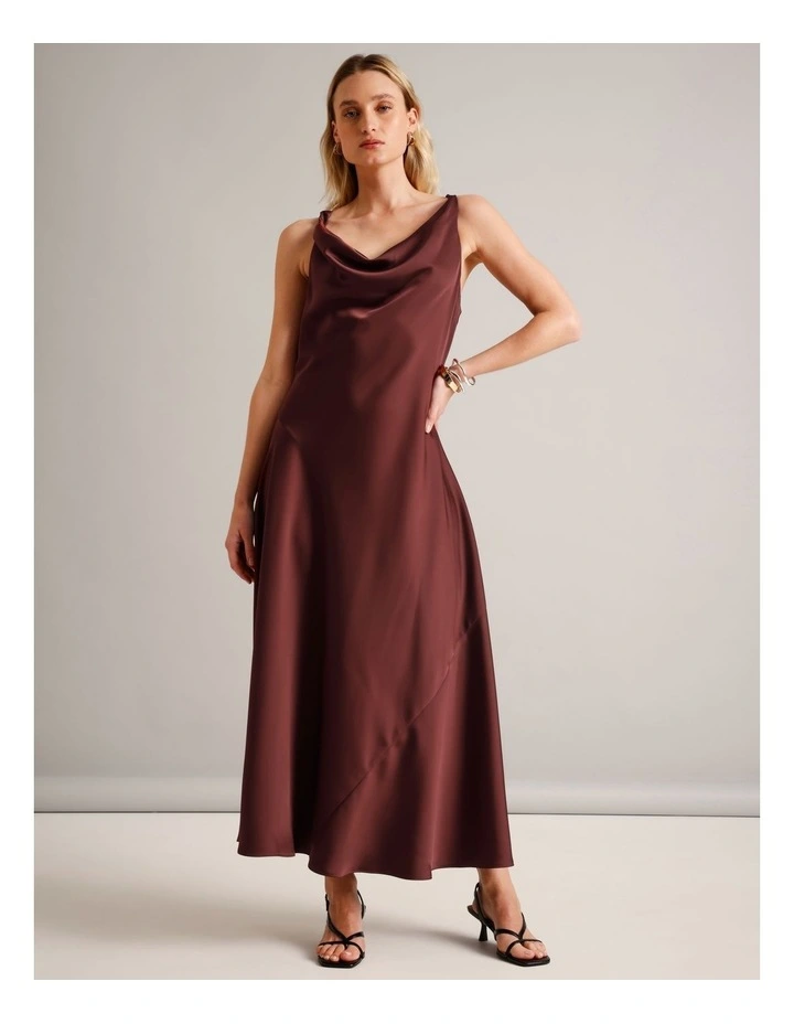 Twist Strap Satin Asymmetrical Hem Dress in Wine image 1