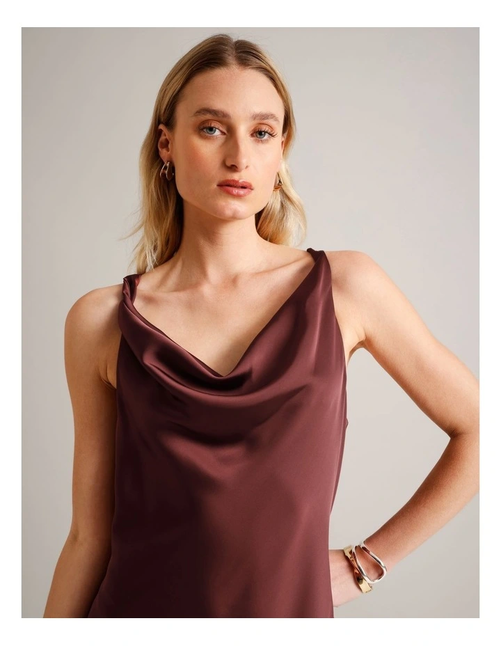 Twist Strap Satin Asymmetrical Hem Dress in Wine image 3