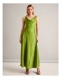 Twist Strap Satin Asym Hem Dress in Chartreuse