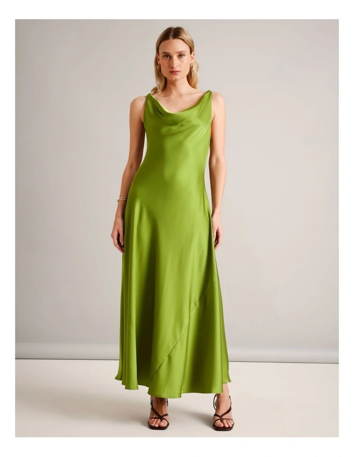 Twist Strap Satin Asym Hem Dress in Chartreuse image 1