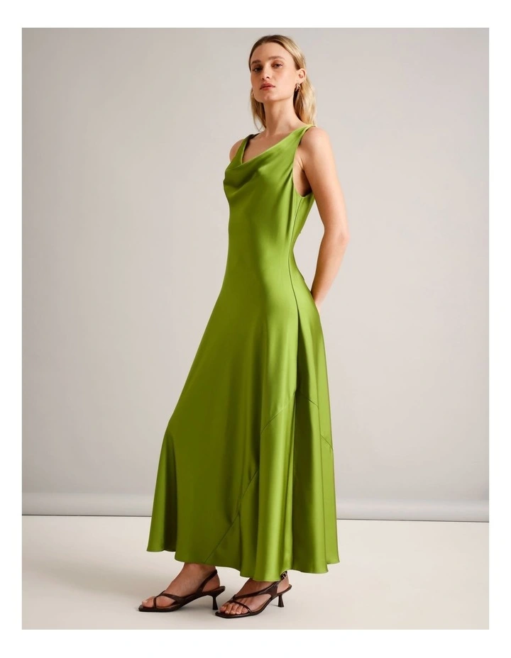 Twist Strap Satin Asym Hem Dress in Chartreuse image 3