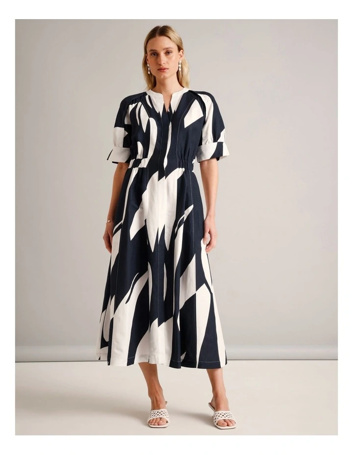 European Linen Blend Cinched Waist Dress in Assorted image 1