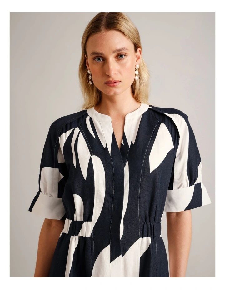 European Linen Blend Cinched Waist Dress in Assorted image 2