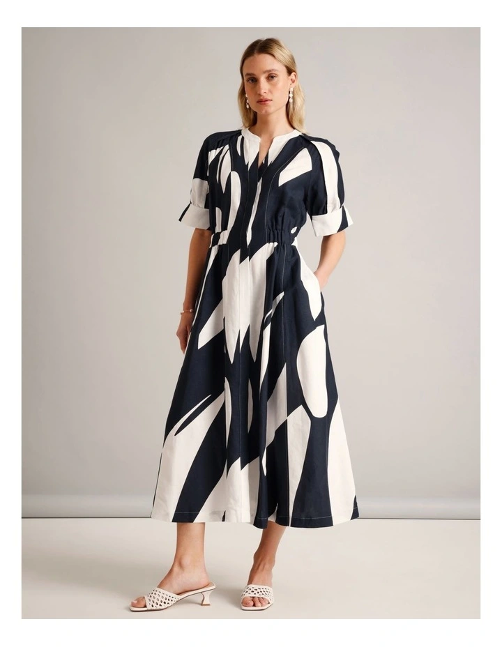 European Linen Blend Cinched Waist Dress in Assorted image 3