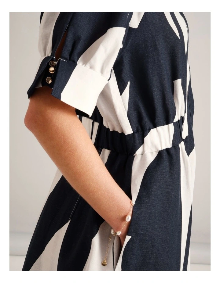 European Linen Blend Cinched Waist Dress in Assorted image 4