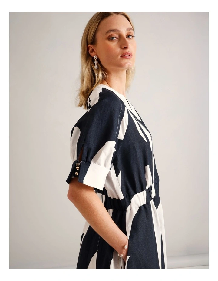 European Linen Blend Cinched Waist Dress in Assorted image 5