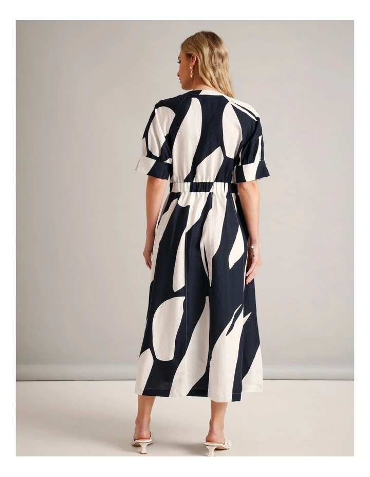 European Linen Blend Cinched Waist Dress in Assorted image 6