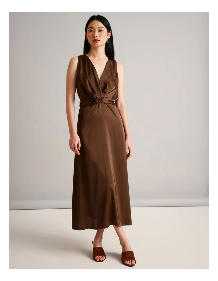 Recycled Polyester Satin Twist Front Dress in Brown image 1