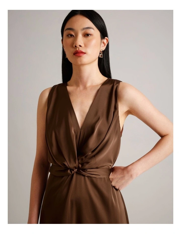 Recycled Polyester Satin Twist Front Dress in Brown image 2