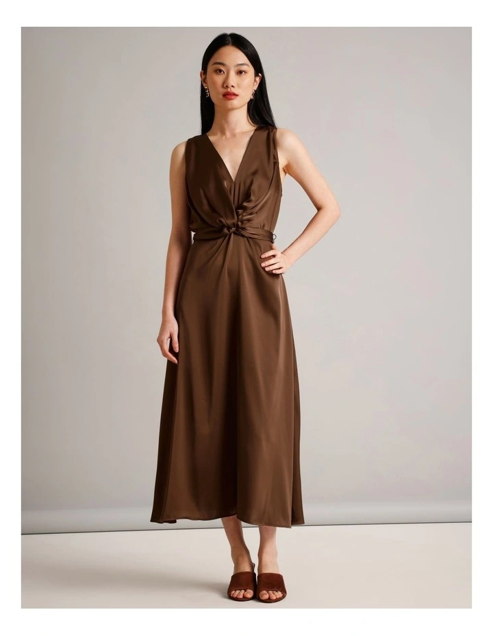 Recycled Polyester Satin Twist Front Dress in Brown image 3