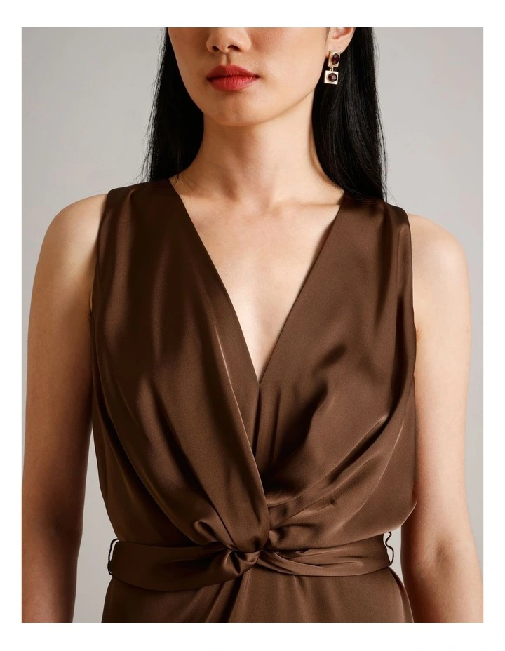 Recycled Polyester Satin Twist Front Dress in Brown image 5