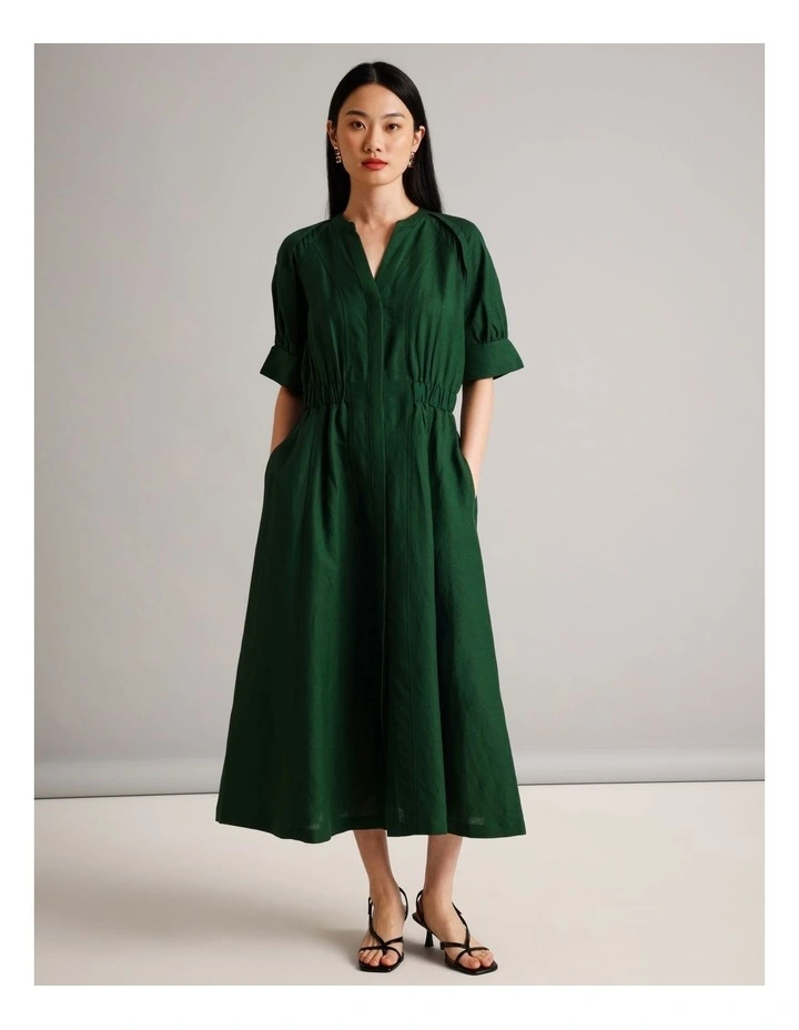 European Linen Blend Cinched Waist Dress in Dark Green image 1