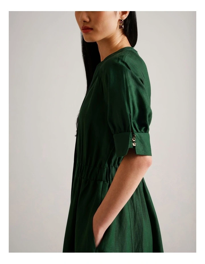 European Linen Blend Cinched Waist Dress in Dark Green image 2