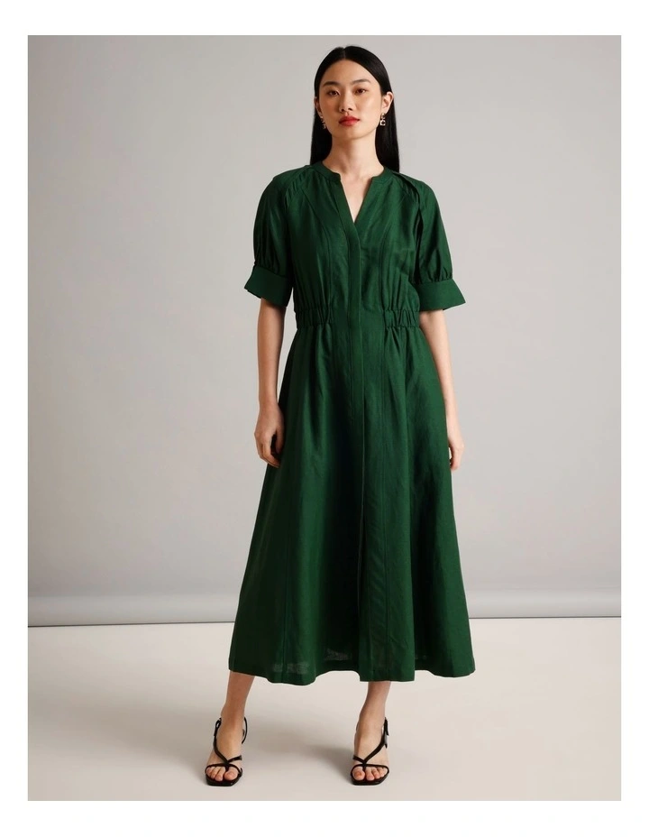 European Linen Blend Cinched Waist Dress in Dark Green image 3