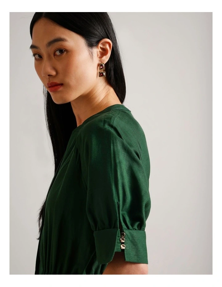 European Linen Blend Cinched Waist Dress in Dark Green image 4