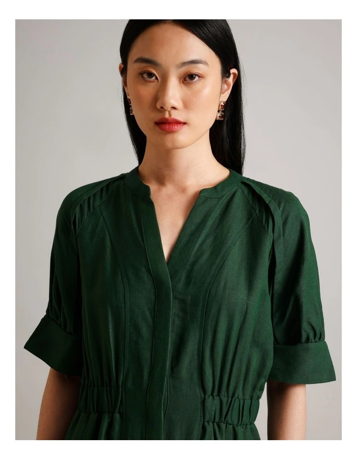 European Linen Blend Cinched Waist Dress in Dark Green image 5