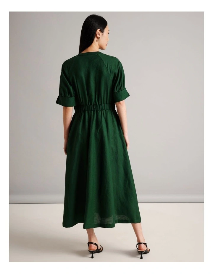 European Linen Blend Cinched Waist Dress in Dark Green image 6