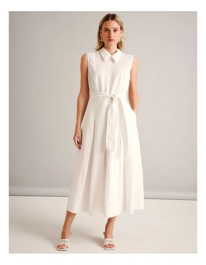 Sleeveless Linen Blend Tie Waist Dress in Ivory image 1