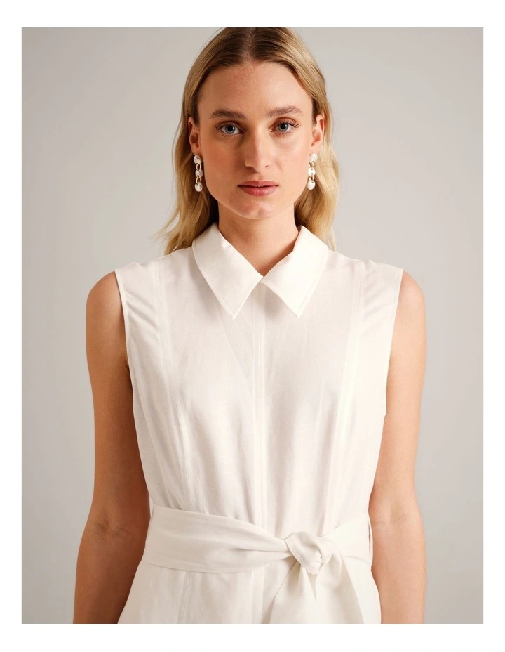 Sleeveless Linen Blend Tie Waist Dress in Ivory image 2