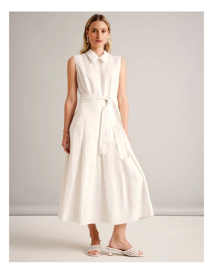 Sleeveless Linen Blend Tie Waist Dress in Ivory image 3