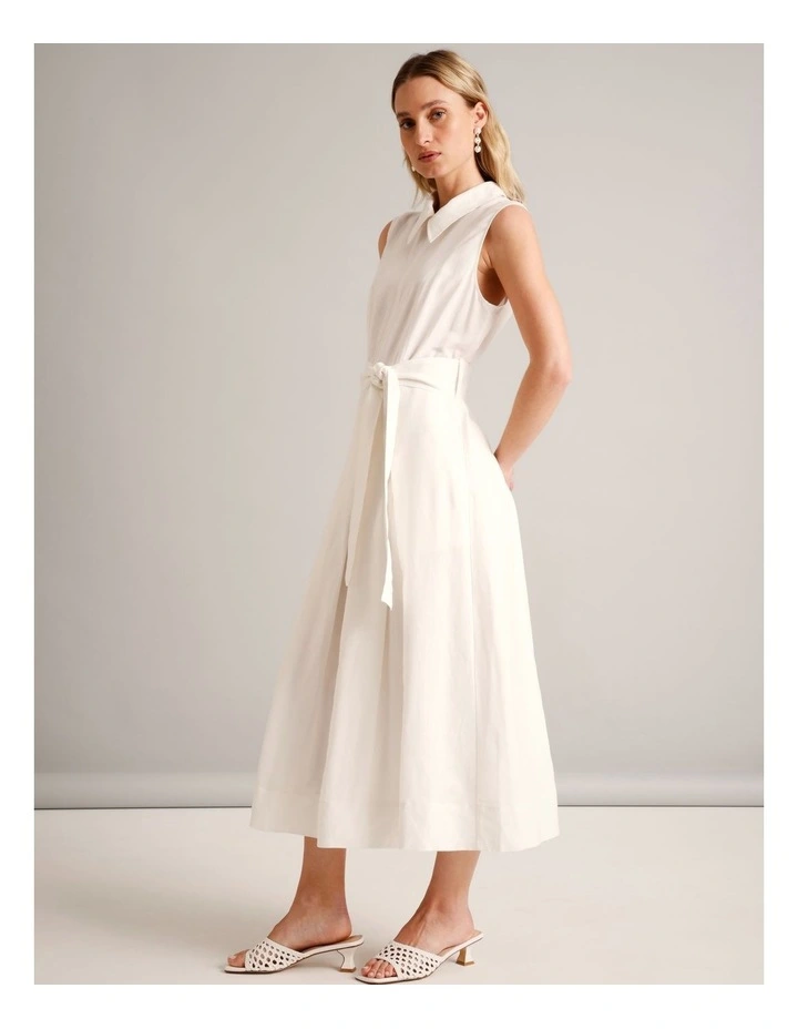 Sleeveless Linen Blend Tie Waist Dress in Ivory image 4
