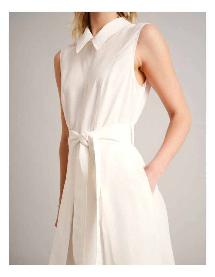 Sleeveless Linen Blend Tie Waist Dress in Ivory image 5