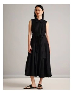 Sleeveless Linen Blend Tie Waist Dress in Black