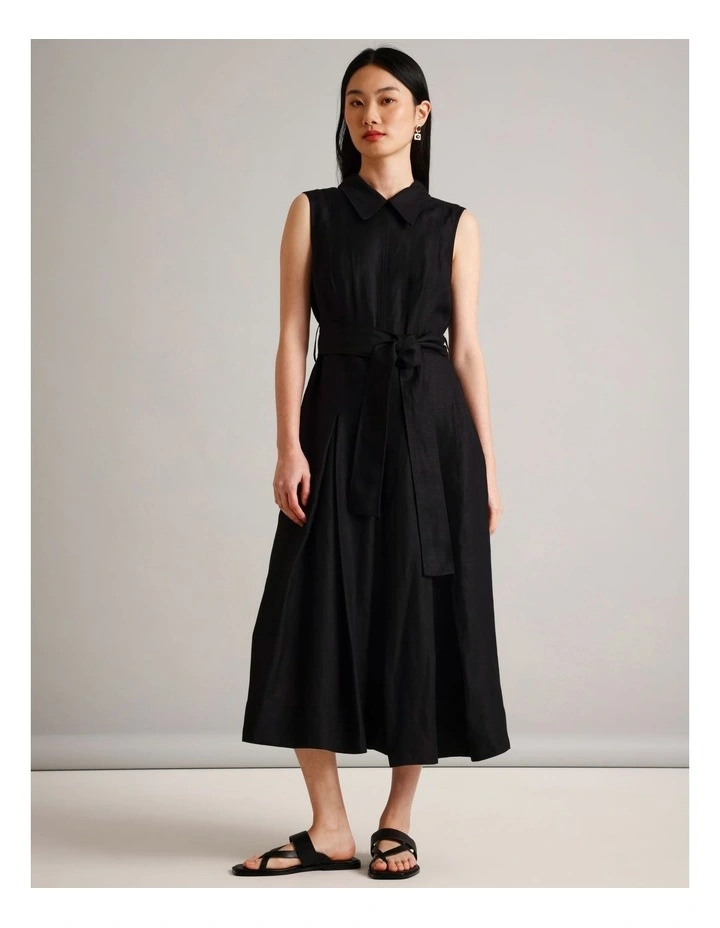 Sleeveless Linen Blend Tie Waist Dress in Black image 1