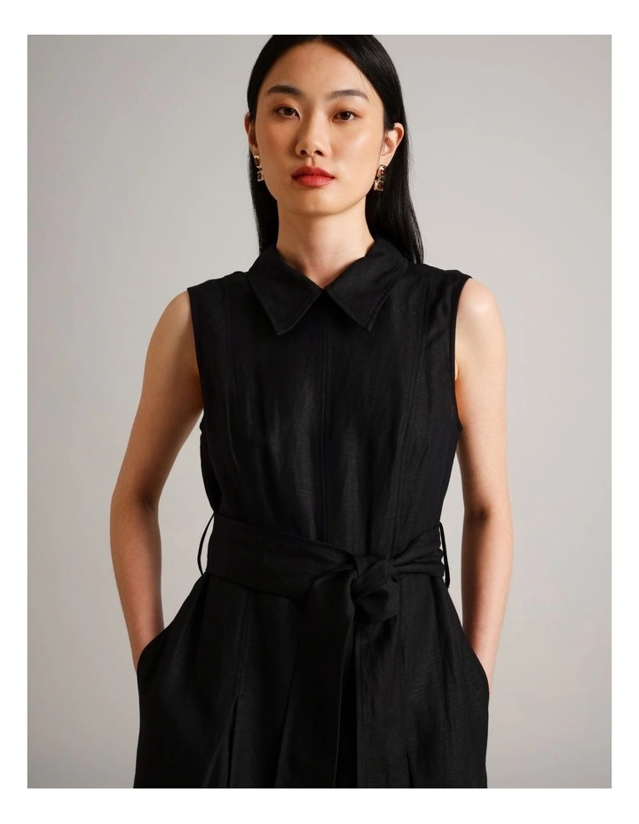 Sleeveless Linen Blend Tie Waist Dress in Black image 2