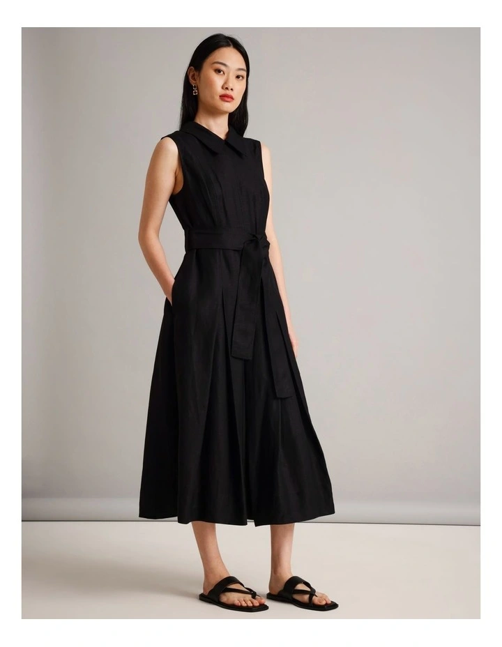 Sleeveless Linen Blend Tie Waist Dress in Black image 3