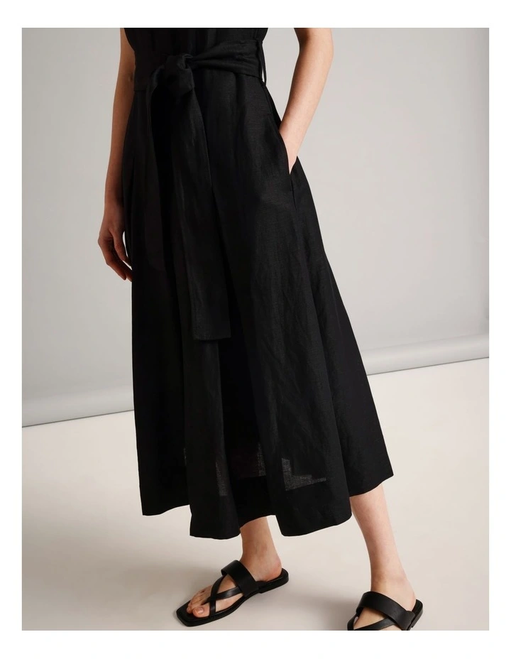 Sleeveless Linen Blend Tie Waist Dress in Black image 4
