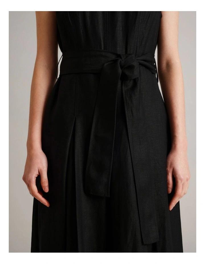 Sleeveless Linen Blend Tie Waist Dress in Black image 5