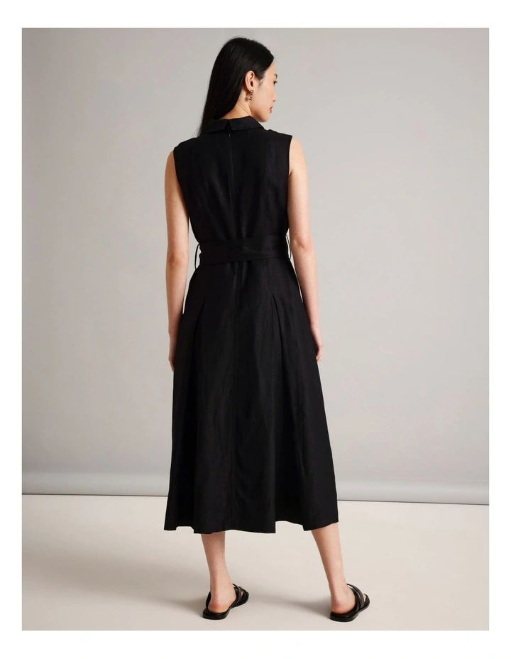 Sleeveless Linen Blend Tie Waist Dress in Black image 6