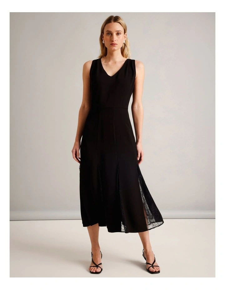 V-Neck Lace Panel Dress in Black image 1