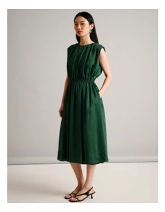Gather Shoulder Dress in Dark Green