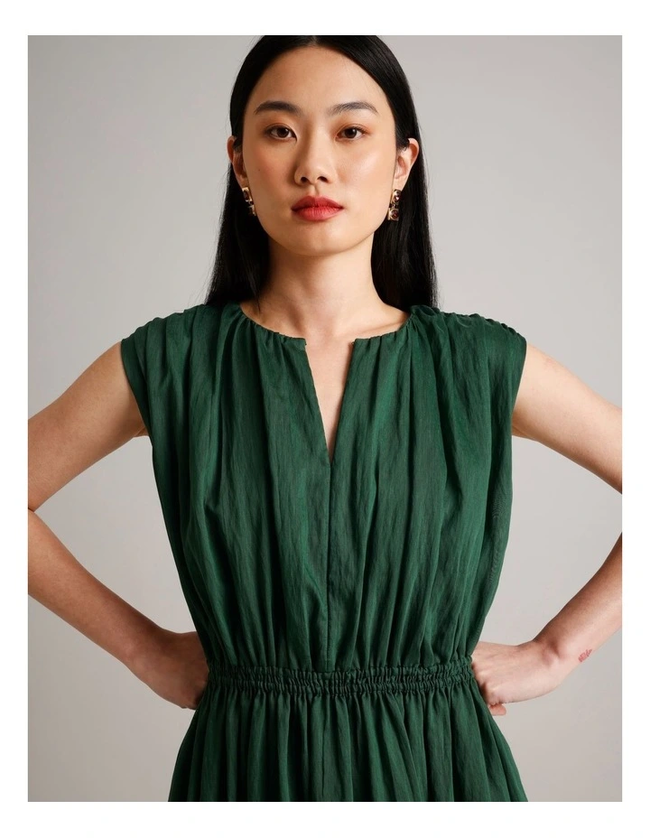Gather Shoulder Dress in Dark Green image 2