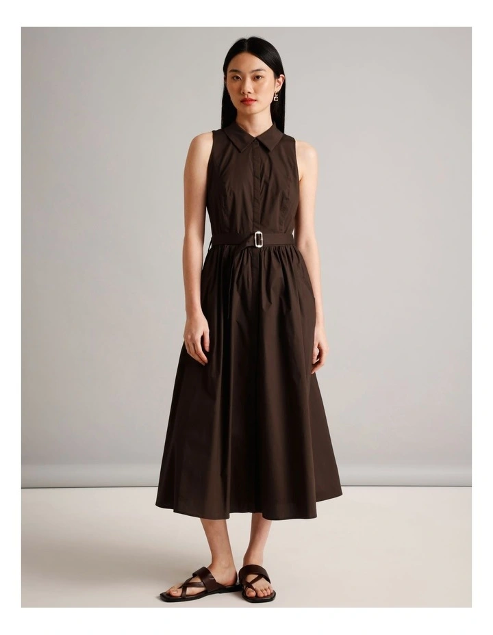 Organic Cotton Blend Sleeveless Shirt Dress in Brown image 1