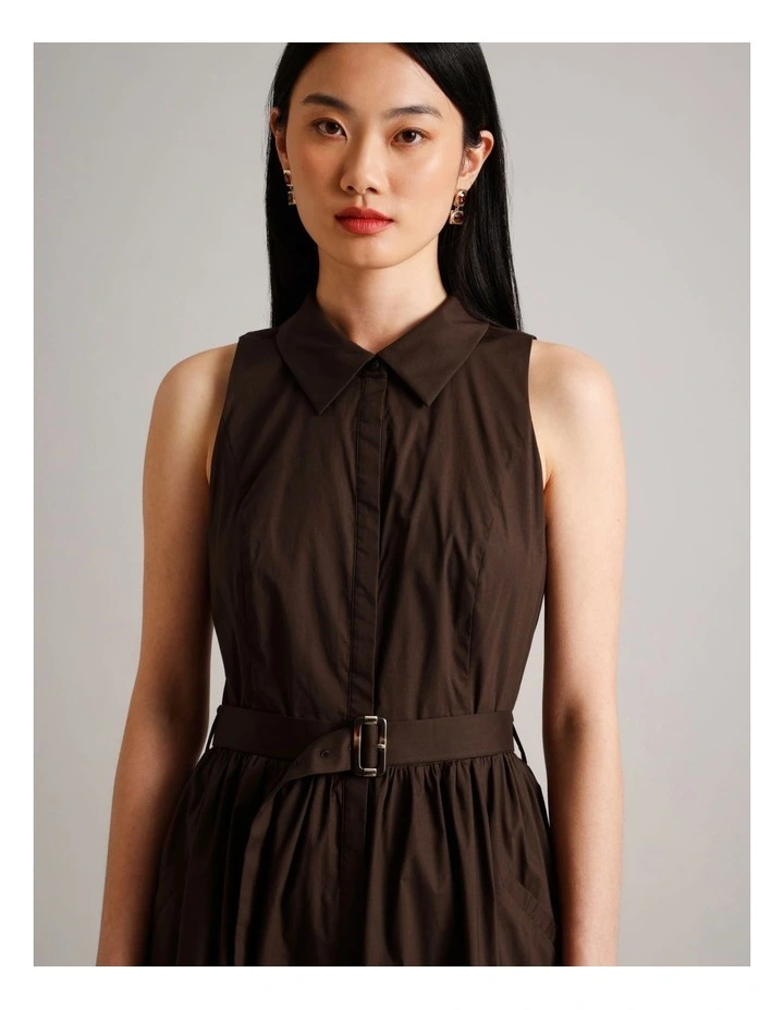 Organic Cotton Blend Sleeveless Shirt Dress in Brown image 2