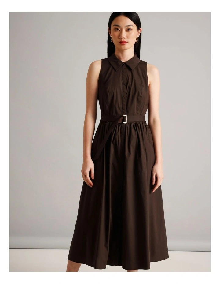Organic Cotton Blend Sleeveless Shirt Dress in Brown image 3