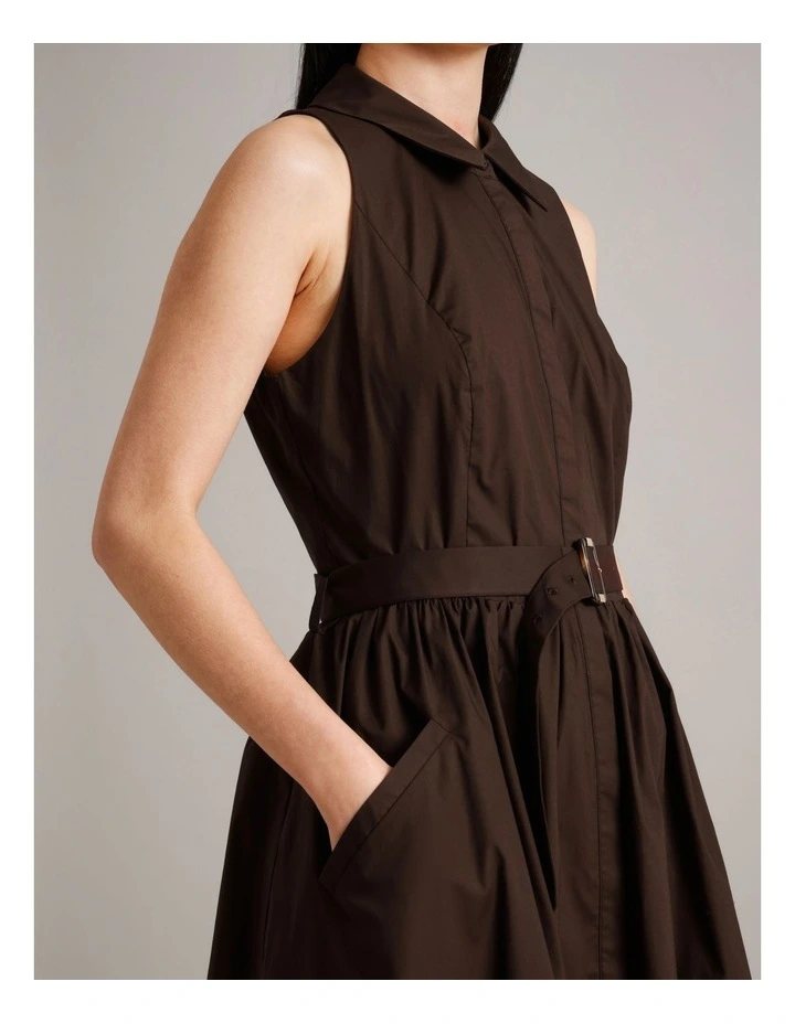 Organic Cotton Blend Sleeveless Shirt Dress in Brown image 4