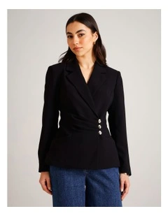 Recycled Poly Ruched Detail Crepe Blazer in Black