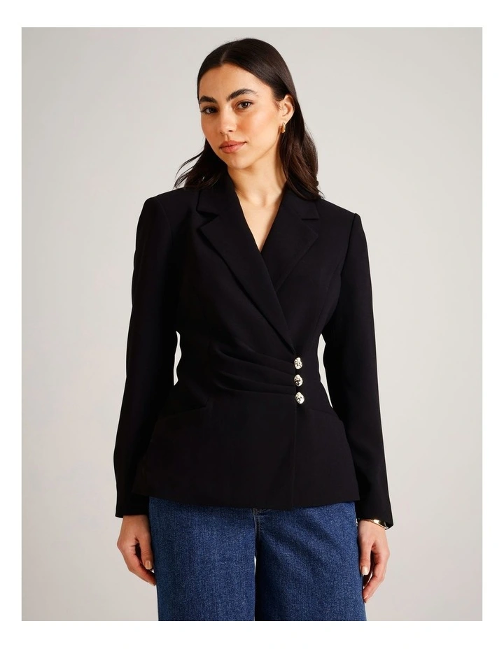 Recycled Poly Ruched Detail Crepe Blazer in Black image 1
