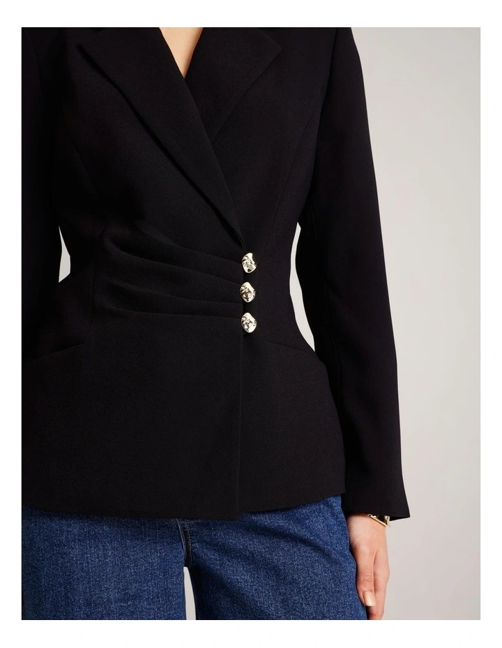 Recycled Poly Ruched Detail Crepe Blazer in Black image 3