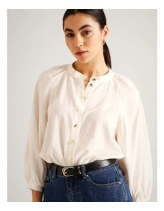 Sustainable Viscose Blend Button Through Raglan Sleeve Top in Ecru